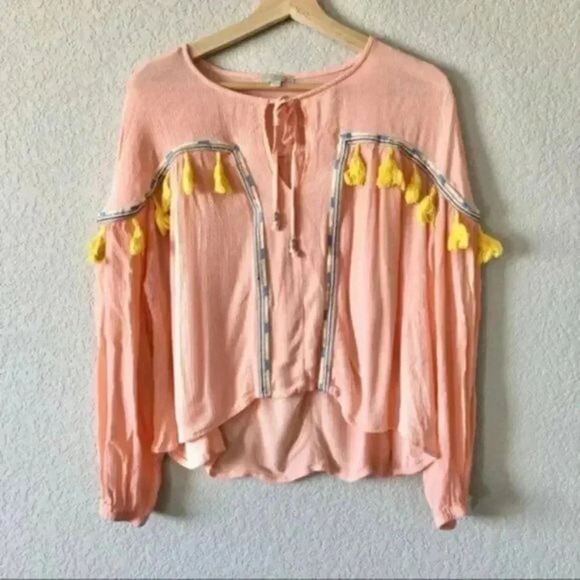 Gianni Bini Orange & Pink Long Sleeve Tassel Peasant Top S - Picture 2 of 4